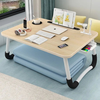 Foldable Laptop Desk for Bed & Sofa – Portable Lap Table with Cup, Book Holder, Drawer, and USB Slot