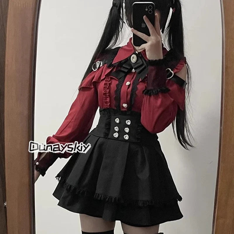 Jirai Kei Lolita Blouse Top — Y2K Sweet Japanese Style Long Shirt with Bow for Women, S-XL, 3 Colors