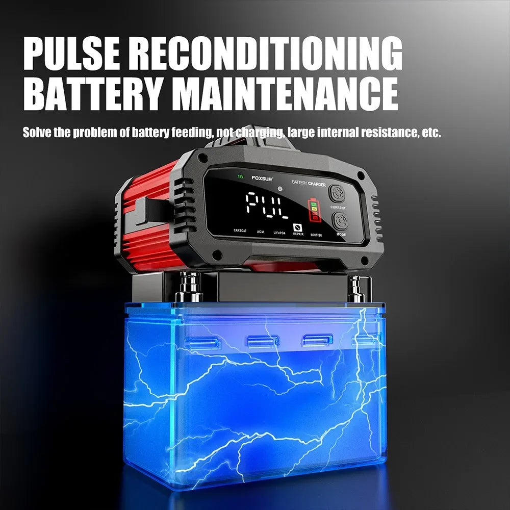 Portable 25A/15A Smart Car Battery Charger — 12V/24V AGM, GEL, LiFePO4 Motorcycle & Car Booster with Pulse Repair