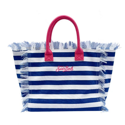 Saint Barth Large Capacity Women's Beach Handbag – European & American Style, Deep Blue Striped Tassel Tote