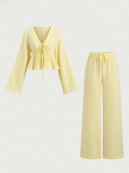 Striped Lace-Up Women’s 2-Piece Matching Set – Casual Office Commuting Outfit, Simple All-Match Two-Piece Set
