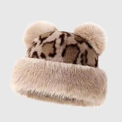 Retro Leopard Print Plush Cat Ear Beanie – Thick Warm Fur Hat for Women, Windproof & Fluffy Winter Snow Cap