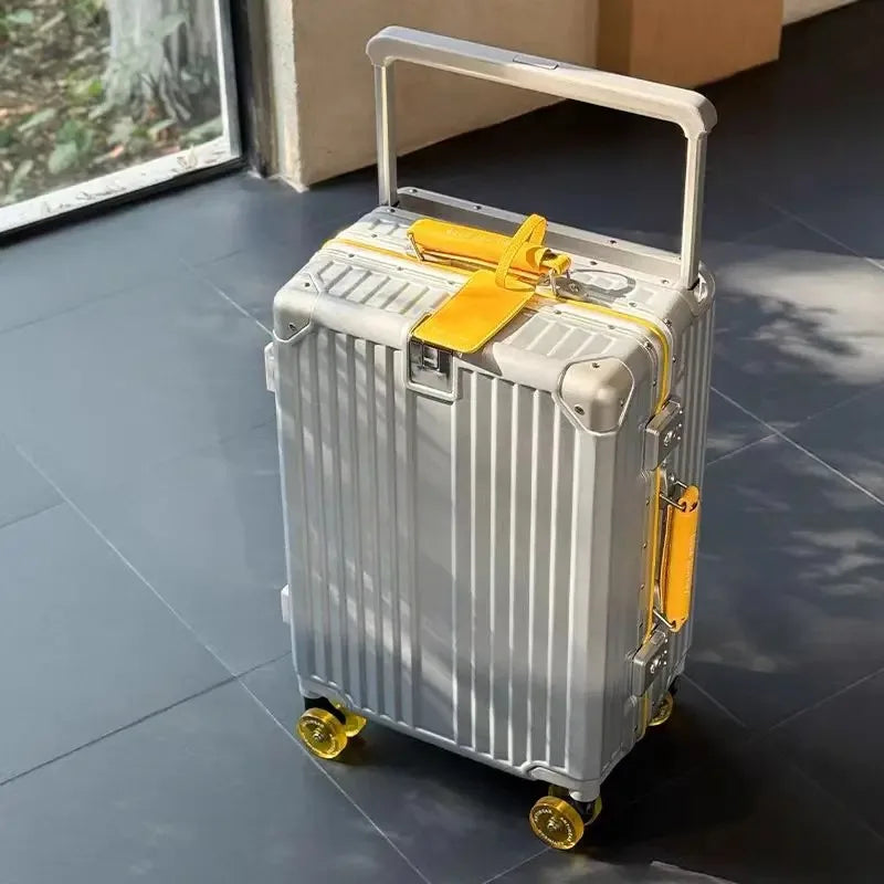 Aluminum Frame Rolling Luggage — Wide Handlebar Trolley Suitcase with Colorful Silent Spinner Wheels, TSA Lock & Large Capacity