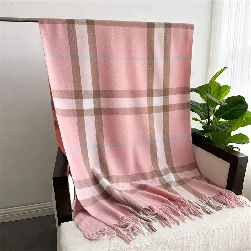 Luxury Brand Winter Plaid Cashmere-Like Blanket Scarf - Thick Warm Pashmina Shawl Wrap with Tassels, Poncho Stoles Echarpe