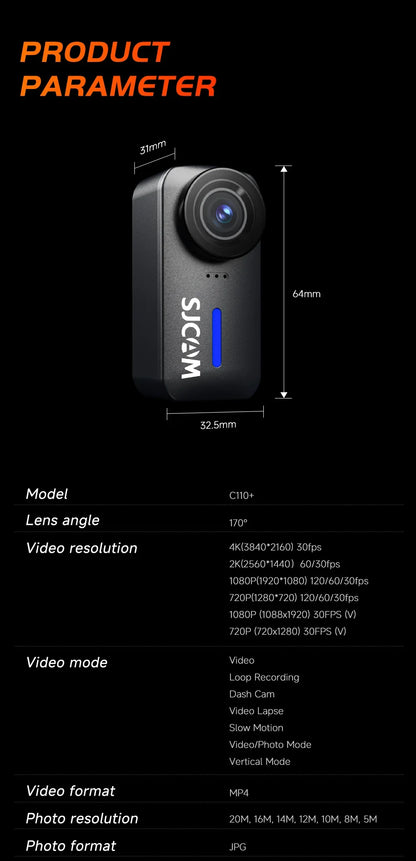 SJCAM C110+ 4K Action Camera – 30fps, 6-Axis GYRO, WiFi Remote, 1050mAh, Portable Sports DV for Helmet & Motorcycle