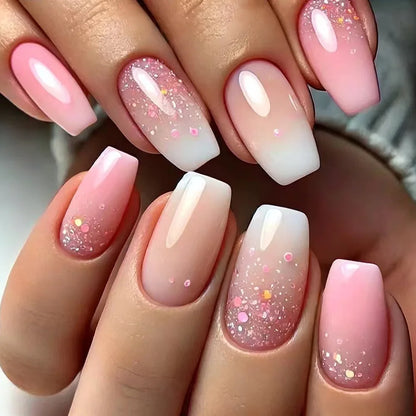 24pcs Blue Golden Stripe Press-On Nails Shiny Powder Long Square Full Cover False Nail Tips Wearable Love Design