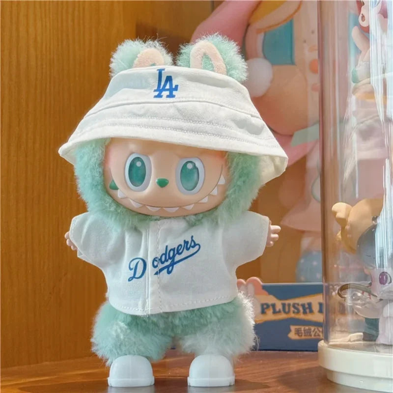 Labubu 15-17cm Doll Sports Outfit – LA Baseball & Trendy Tennis/Badminton Clothing, T-Shirt & Cargo Pants Set