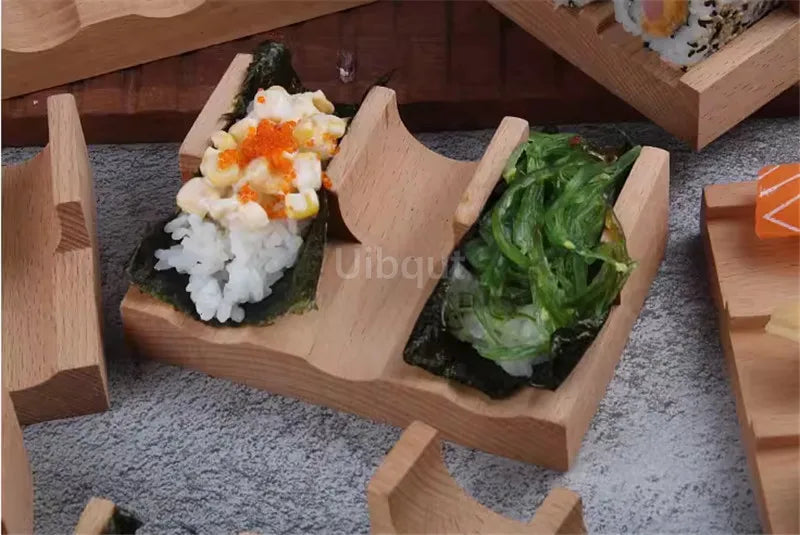 Japanese Sushi Rack – Wooden Taco & Snack Food Holder, Wood Plate Cuisine Stand for Sashimi & Sushi, Restaurant & Home Use