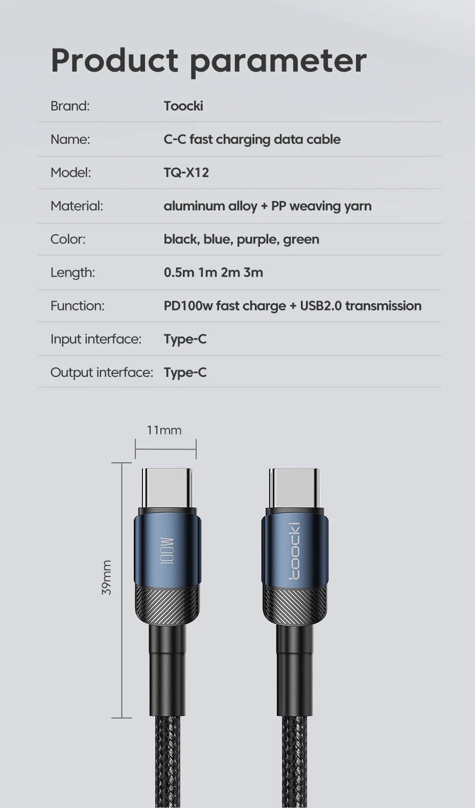 Toocki PD 100W/60W Type-C to Type-C Cable – Quick Charge 3.0 Fast Charging for iPhone 15, Huawei, Samsung, Xiaomi