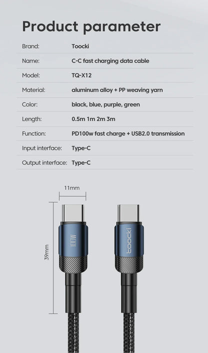 Toocki PD 100W/60W Type-C to Type-C Cable – Quick Charge 3.0 Fast Charging for iPhone 15, Huawei, Samsung, Xiaomi