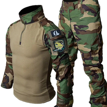 Men’s Camo Tactical Uniform Set | Ripstop Airsoft Suit with Multi-Pocket Pants & Training Shirt for Hunting or Paintball