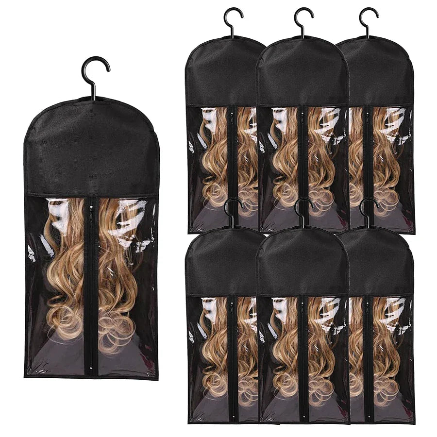 6pcs Long Hair Extension Storage Bags | Non-Woven Dust-Proof Carrier with Plastic Hanger for Home & Salon Organization
