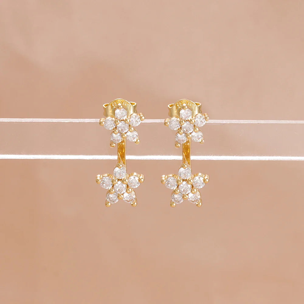 French Design Double Flower Dangle Earrings – Stainless Steel Crystal Cartilage Piercing Jewelry for Women