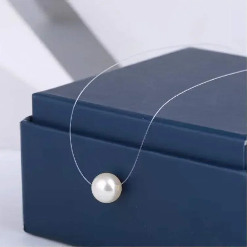Transparent Fishing Line Pearl Necklace – Simple Round Bead Choker Pendant, Delicate Short Necklace for Women