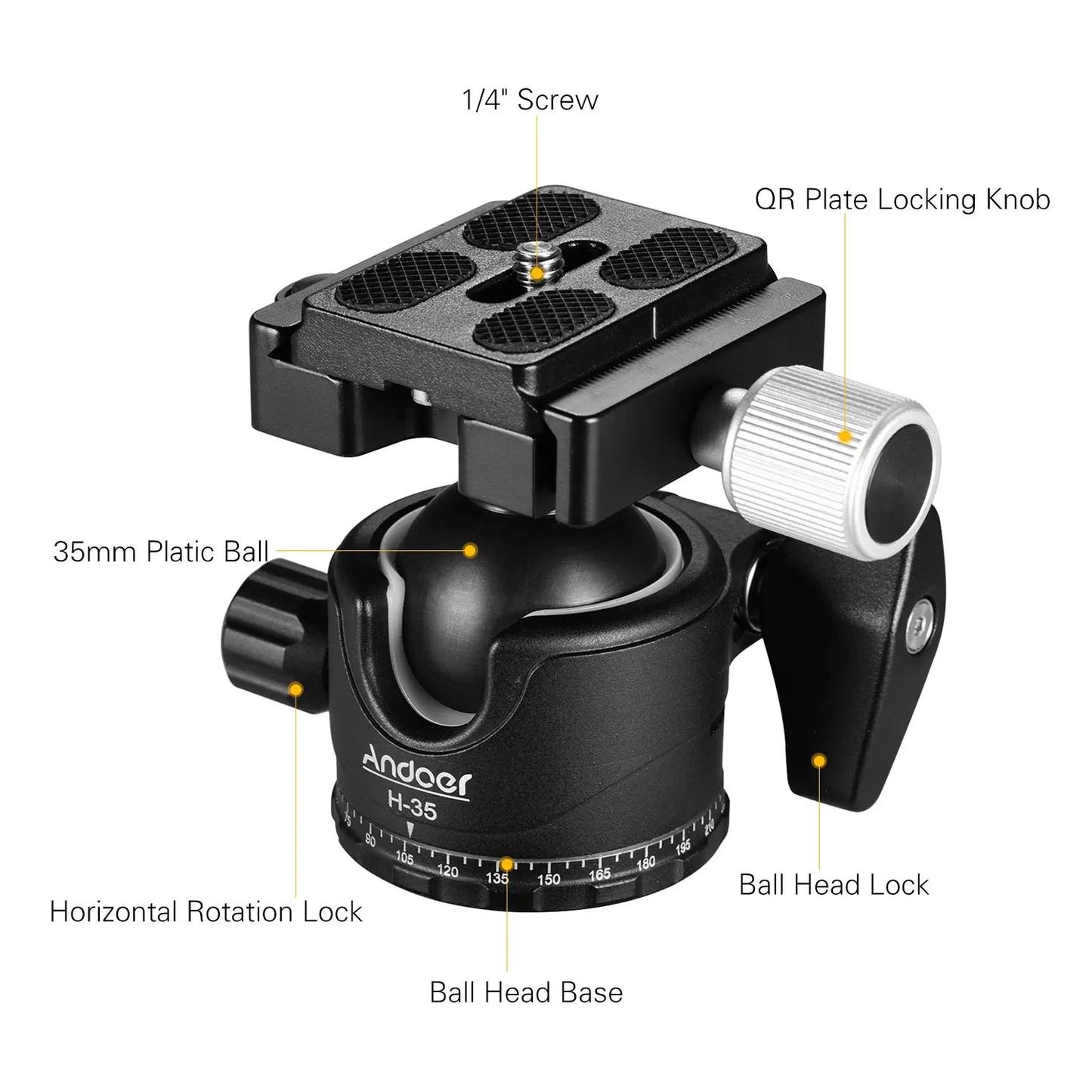 Andoer H-35 Tripod Ball Head - Panorama Ballhead Mount Adapter, U-Groove Low Gravity Design, 15kg/33lbs Load Capacity