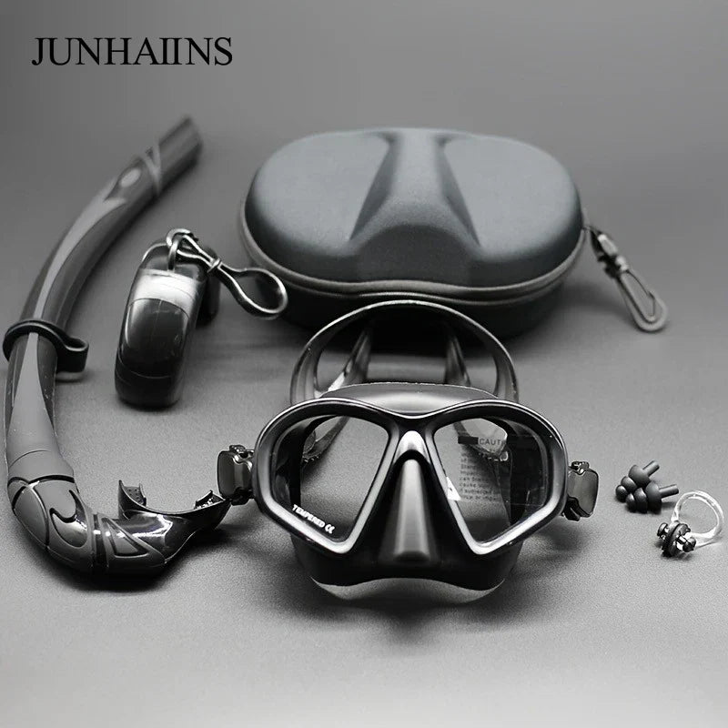 Freediving Mask with Camera Mount - Two-Window Tempered Glass Waterproof Anti-Fog Snorkeling Mask
