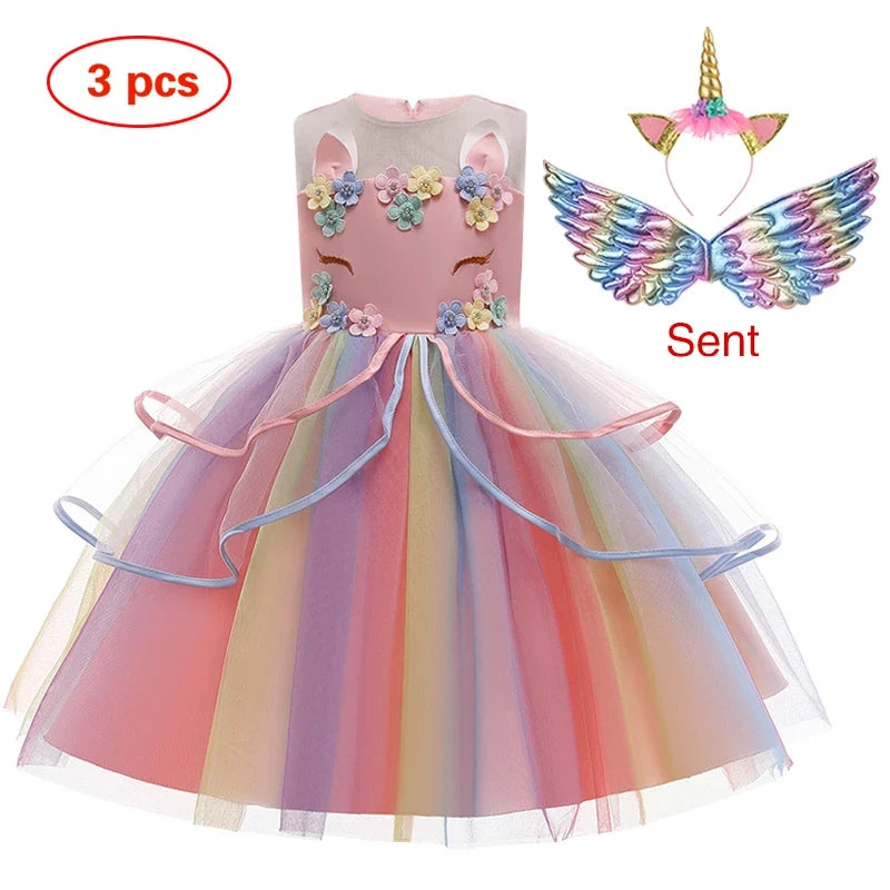 Girls’ Unicorn Princess Dress - Flower Cake Costume for Carnival, Halloween & Performances Ages 1–10