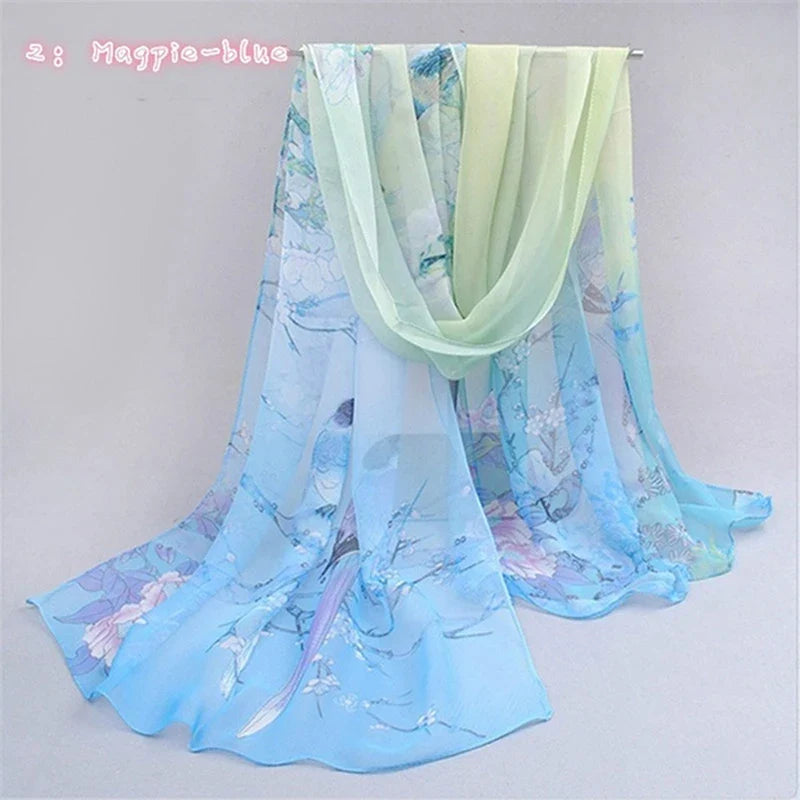 Women’s Chiffon Scarf – Long Butterflies & Branch Pattern Shawl, Elegant Versatile Retro Fashion Accessory