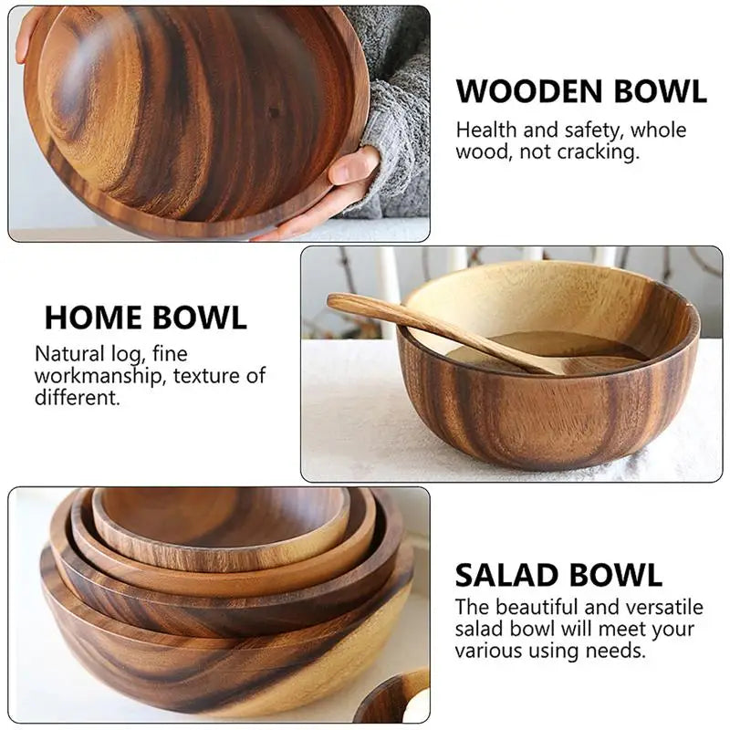 Natural Wooden Kitchen Bowl – Household Fruit & Salad Bowl with Wooden Utensils for Home & Restaurant
