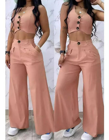 Women’s 2024 Summer Two-Piece Set – Sexy Buttoned Crop Vest & High Waist Wide Leg Pants, Casual Elegant Outfit