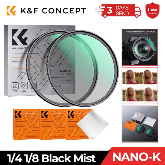 K&F Concept Black Mist Diffusion Filter 1/4 1/8 Multi-Coated, Compatible with Nikon DSLR Lenses, Sizes 49mm to 82mm