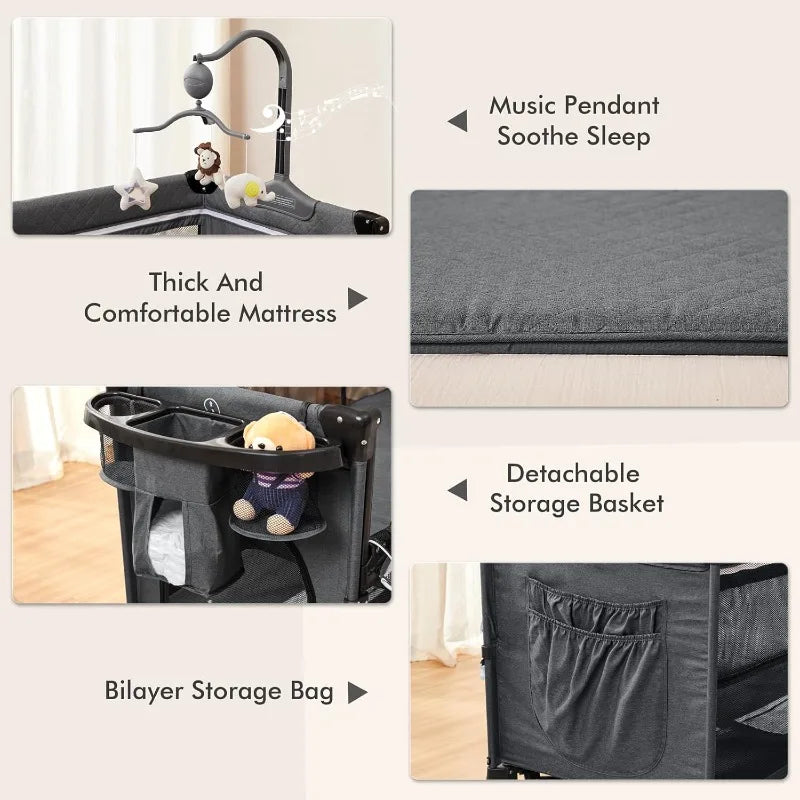 5-in-1 Baby Bassinet – Bedside Crib & Playpen with Diaper Changer and Removable Rocker, Pack and Play Convertible Baby Bed