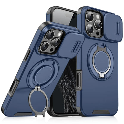 Heavy Duty Rugged Magnetic Ring Stand Case for iPhone 11–16 Pro Max Plus with Slide Camera Protection & MagSafe Compatible Cover