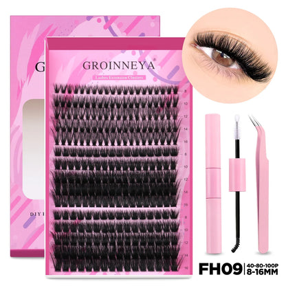 GROINNEYA DIY Lash Extension Kit – Cluster & Individual Lashes Set with Lash Bond & Seal for At-Home Eyelash Extension Makeup