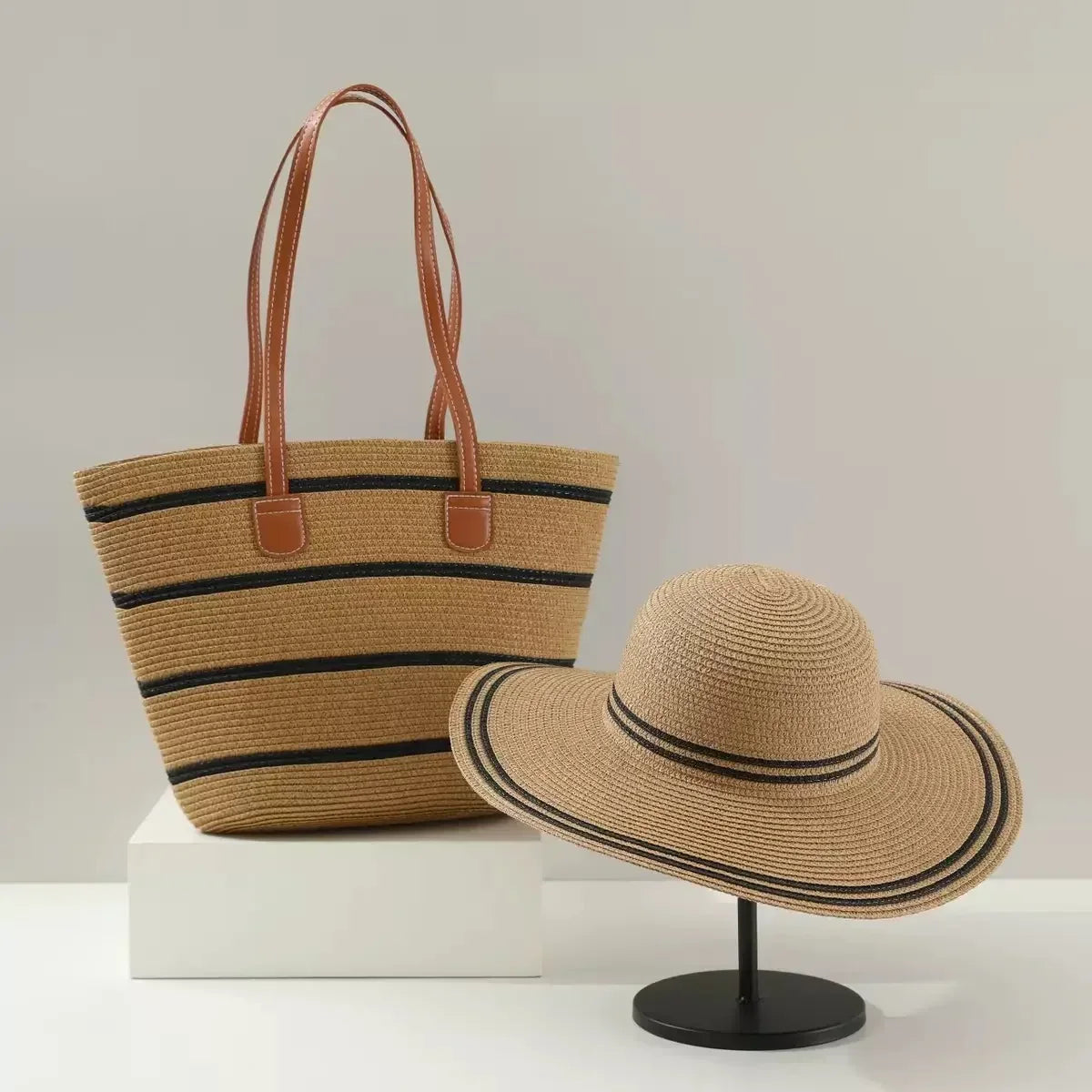 French Style Straw Handbag & Summer Beach Hat Set – Woven Bucket Bag with Fine Stripes