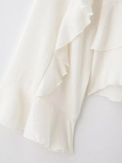 Women’s Long Sleeve Ruffled Blouse – Stand Collar Elegant Chic Fashion Shirt