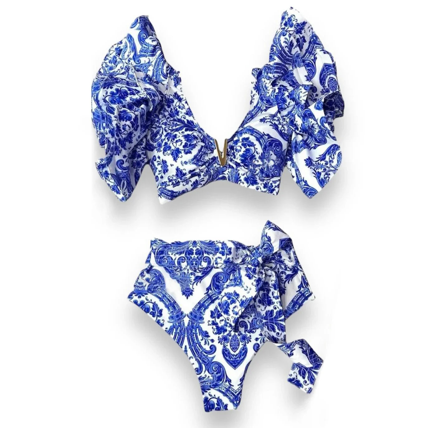 Sporlike V-Neck Ruffled Bikini Set – High Waist Sexy Printed Two-Piece Swimsuit for Women 2025