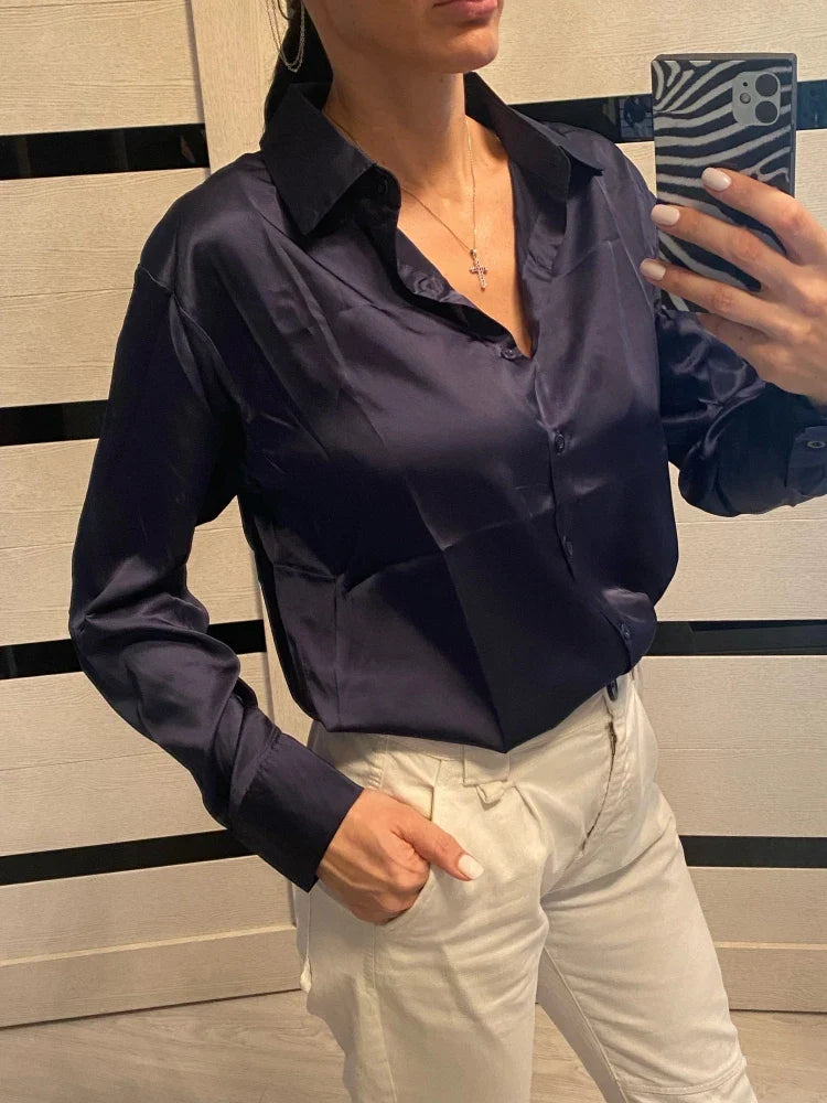 Elegant Satin Women’s Shirt — Loose Vintage Blouse with Turn-Down Collar for Spring & Autumn