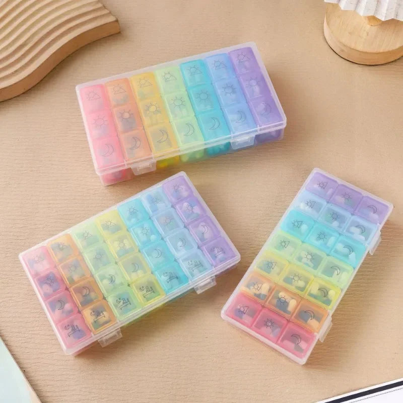 21/28-Grid Pillbox Storage — Portable Weekly 7-Day Medication Organizer, Plastic Pill Container Case