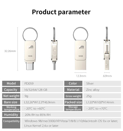 DM PD059 USB-C Type-C OTG Flash Drive – 32GB/64GB Pen Drive for Smartphones & USB 3.0