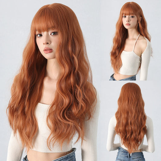 Copper Ginger Red Brown Synthetic Wig – Long Fluffy Wavy Wig with Bangs, Heat-Resistant Cosplay & Daily Wear Hair for Women