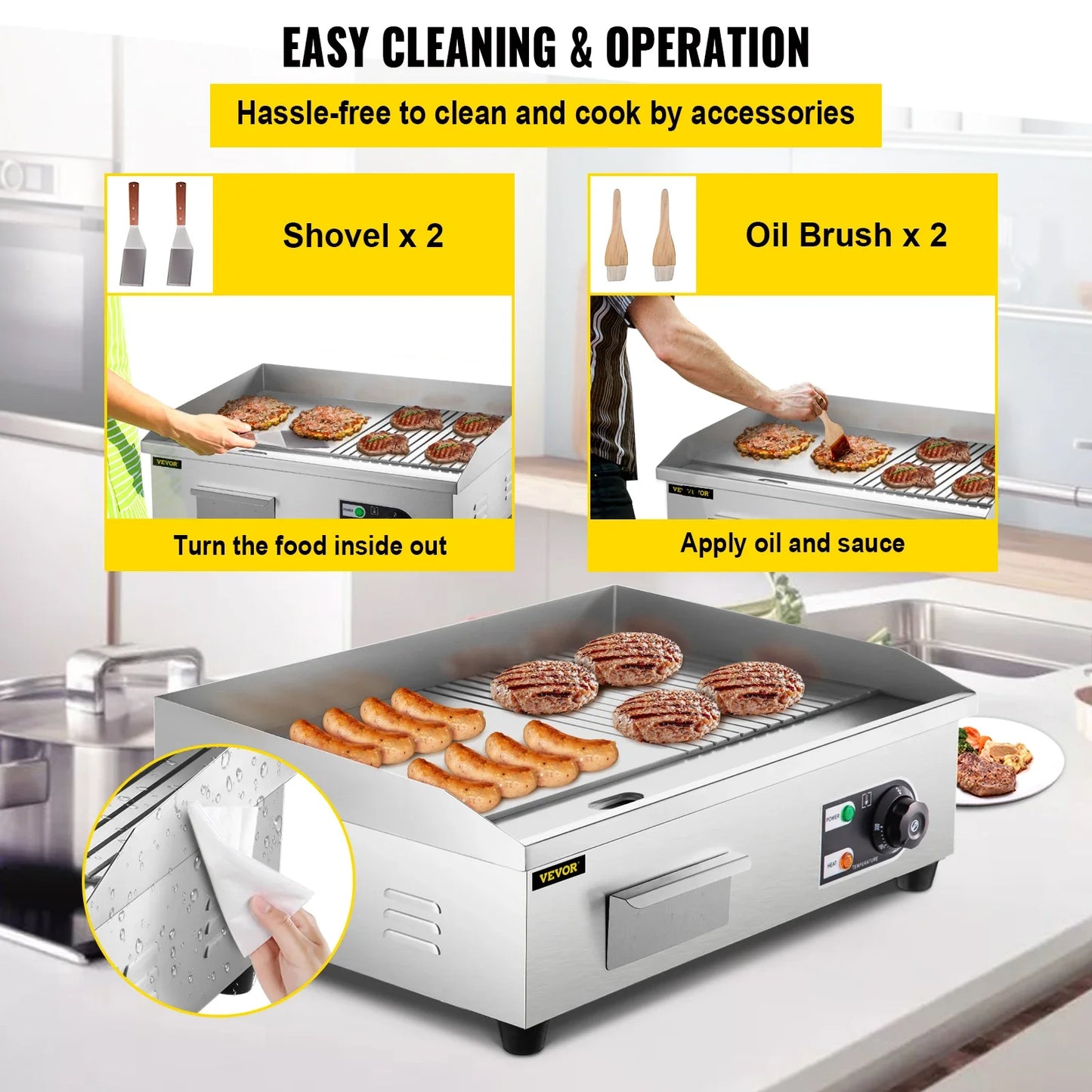 SucceBuy 14"-22" Electric Countertop Griddle – 1600W/3200W Stainless Steel Flat Top Teppanyaki Grill for Pancakes and Chicken