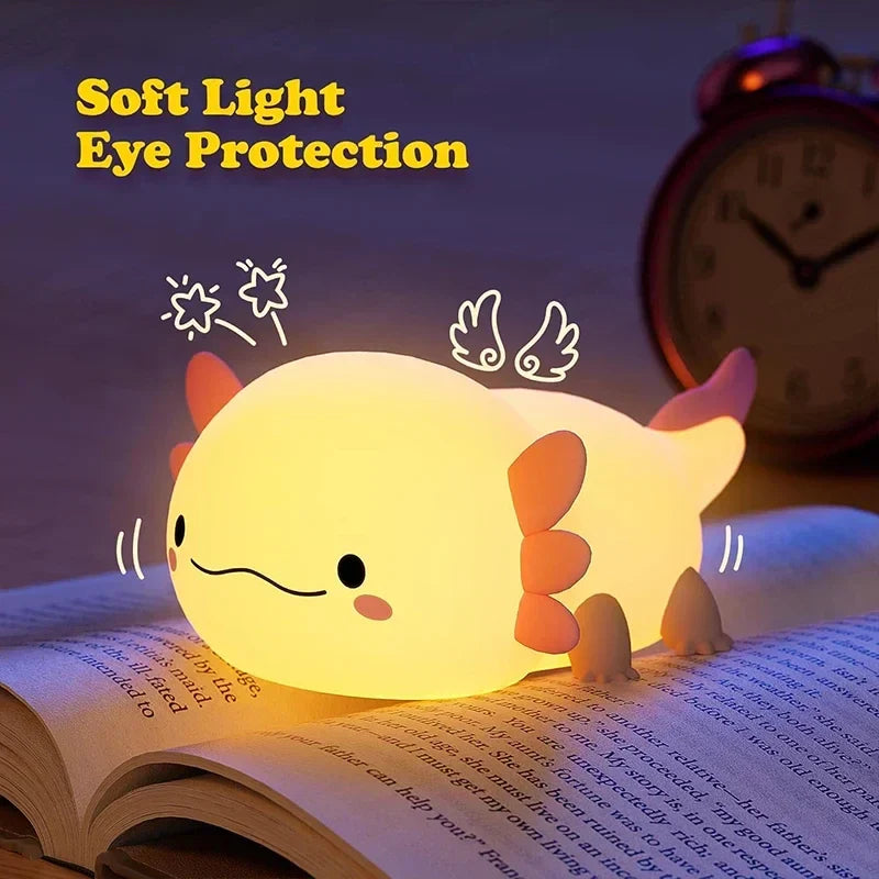 Cute Axolotl Silicone Night Light - Touch Control Nursery Sleeping Lamp | USB Rechargeable Table Lamp for Baby and Child