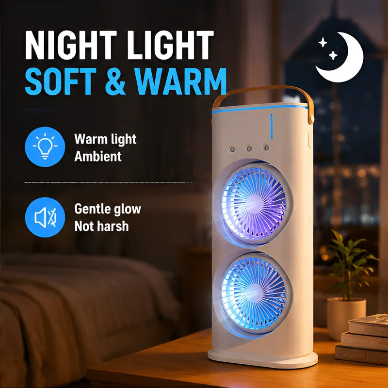 3-in-1 Portable Air Cooler Fan - Dual Head Cooling Fan with LED Night Light & Humidifier for Home and Office