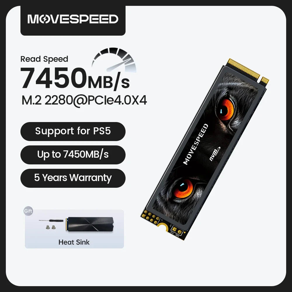 MOVESPEED PCIe 4.0 NVMe M.2 2280 SSD – Up to 7450MB/s Internal Solid State Drive for PS5 & Gaming PC (1TB / 2TB / 4TB)