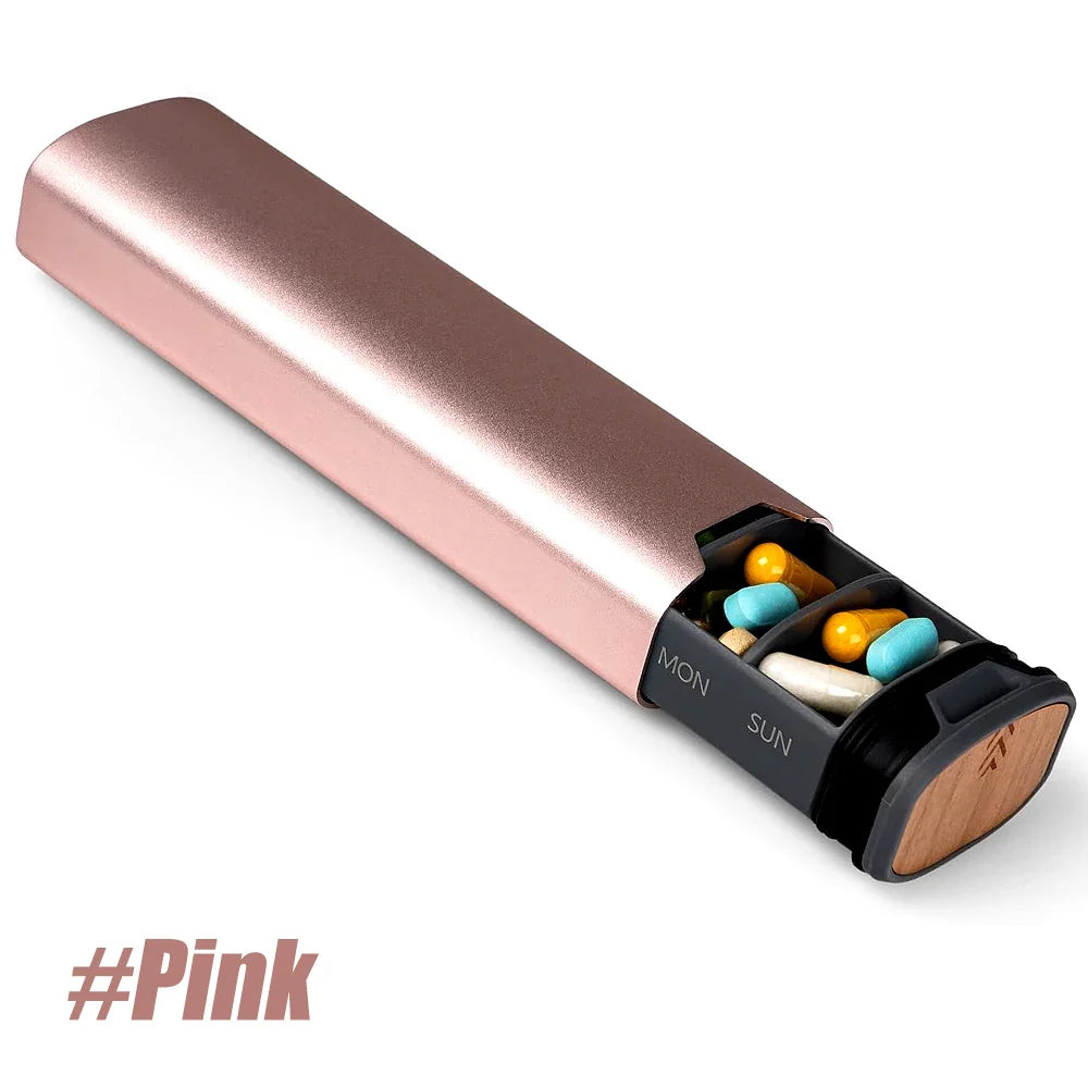 7-Day Weekly Pill Organizer – Large Capacity Aluminum & Wood Pill Box for Vitamins & Medicine