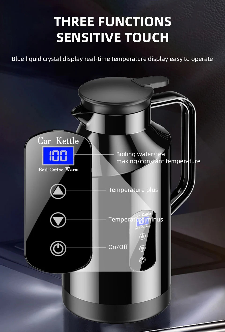 Yangood Portable Car Kettle 1500ML — Large Capacity 304 Stainless Steel Water Heater, 12V/24V for Travel, Tea, and Coffee