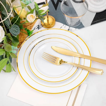 700PCS Gold Plastic Dinnerware Set – White & Gold Plates with 100 Napkins, Serves 100 Guests, Disposable Wedding Party Set