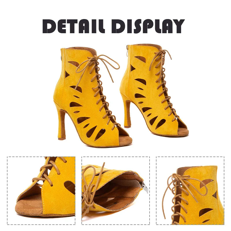 HROYL Women’s Latin Dance Shoes – Lace-Up Hollow Fish Mouth Jazz & Tango High Heels 6-10CM