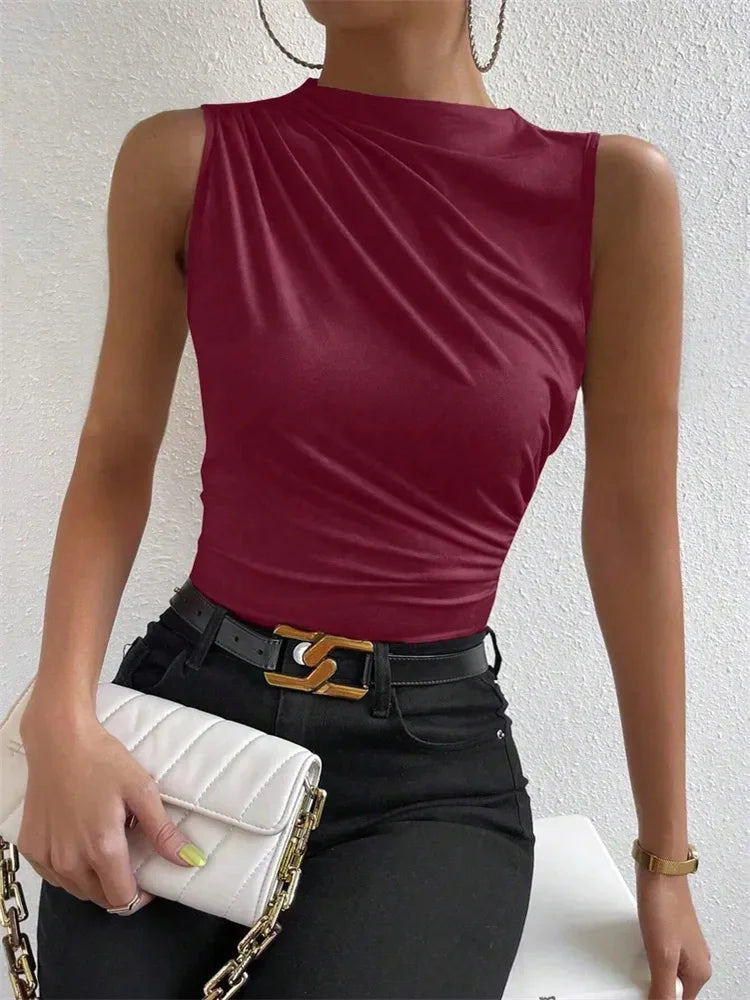 Women’s Mock Neck Ruched Tank Top – Y2K Solid Pleated Sleeveless Summer Streetwear Shirt