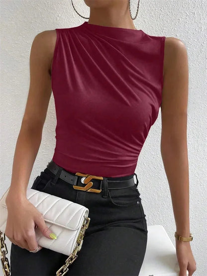 Women’s Mock Neck Ruched Tank Top – Y2K Solid Pleated Sleeveless Summer Streetwear Shirt