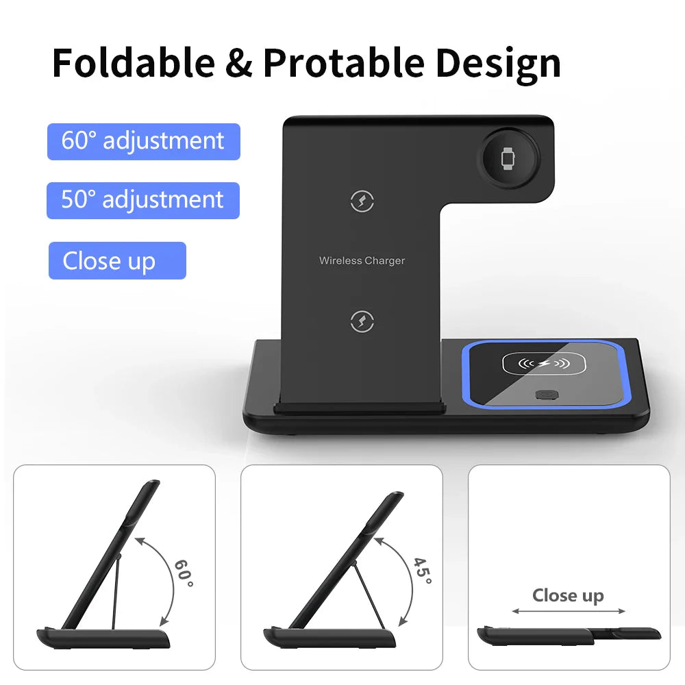 200W 3-in-1 Wireless Charging Stand – Foldable Fast Charging Dock for iPhone 16-8, Apple Watch & AirPods