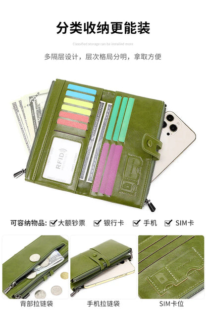 RFID Blocking Large Capacity Wallet – Soft Leather Solid Color Clutch, Multi-Functional Zipper Purse for Women & Men