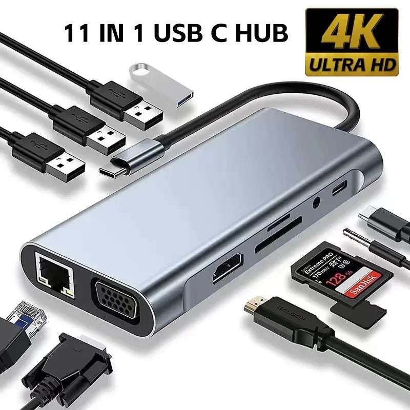 8-in-1 USB Type-C Hub Adapter – 4K HDMI, SD/TF Card Reader, RJ45, PD Fast Charging for MacBook & Notebook