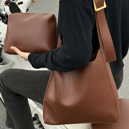 Women’s Retro Faux Leather Tote Bag – Minimalist Shoulder Bucket Handbag with PU Lining