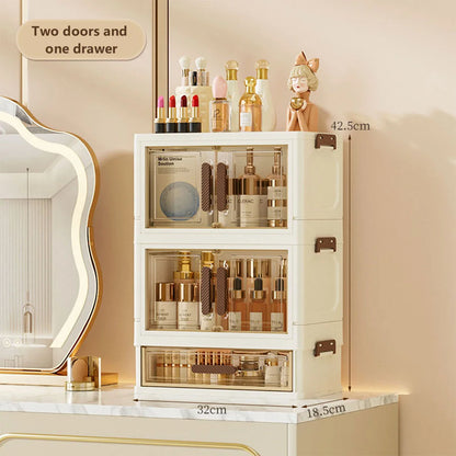Foldable Transparent Cosmetic Organizer — Multi-Layer Drawer-Style Desktop Beauty Storage Box, Dustproof Makeup Organizer